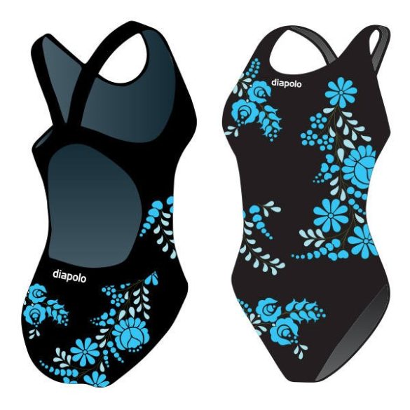 Mädchen Schwimmanzug-Traditional Hímzett 2-schwarz/blau mit breiten Trägern