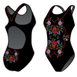   Mädchen Schwimmanzug-Traditional "matyó" design 2-schwarz mit breiten Trägern